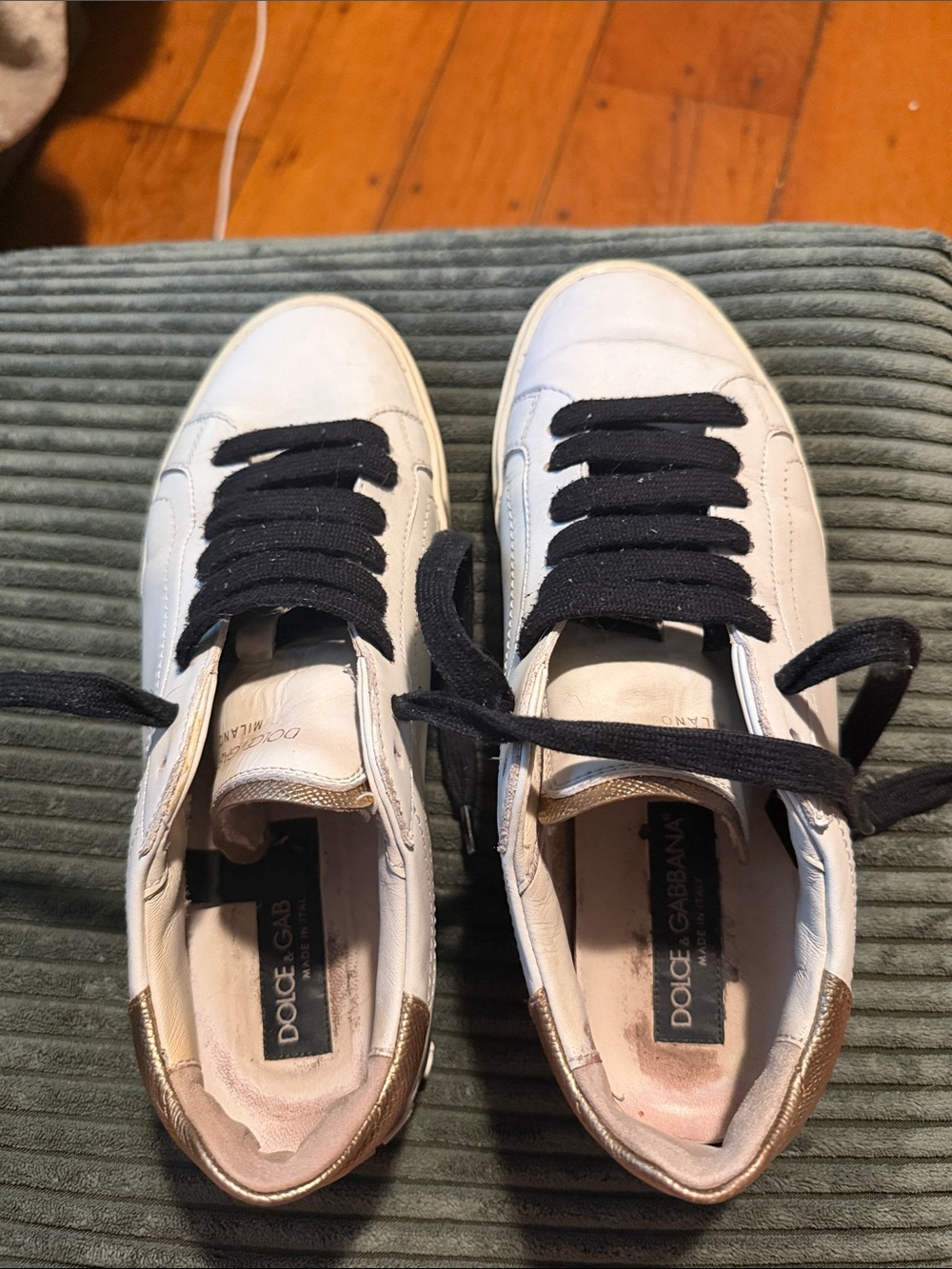 Dolce & Gabbana women’s White Sneakers with Black Laces and Gold Heel Accents